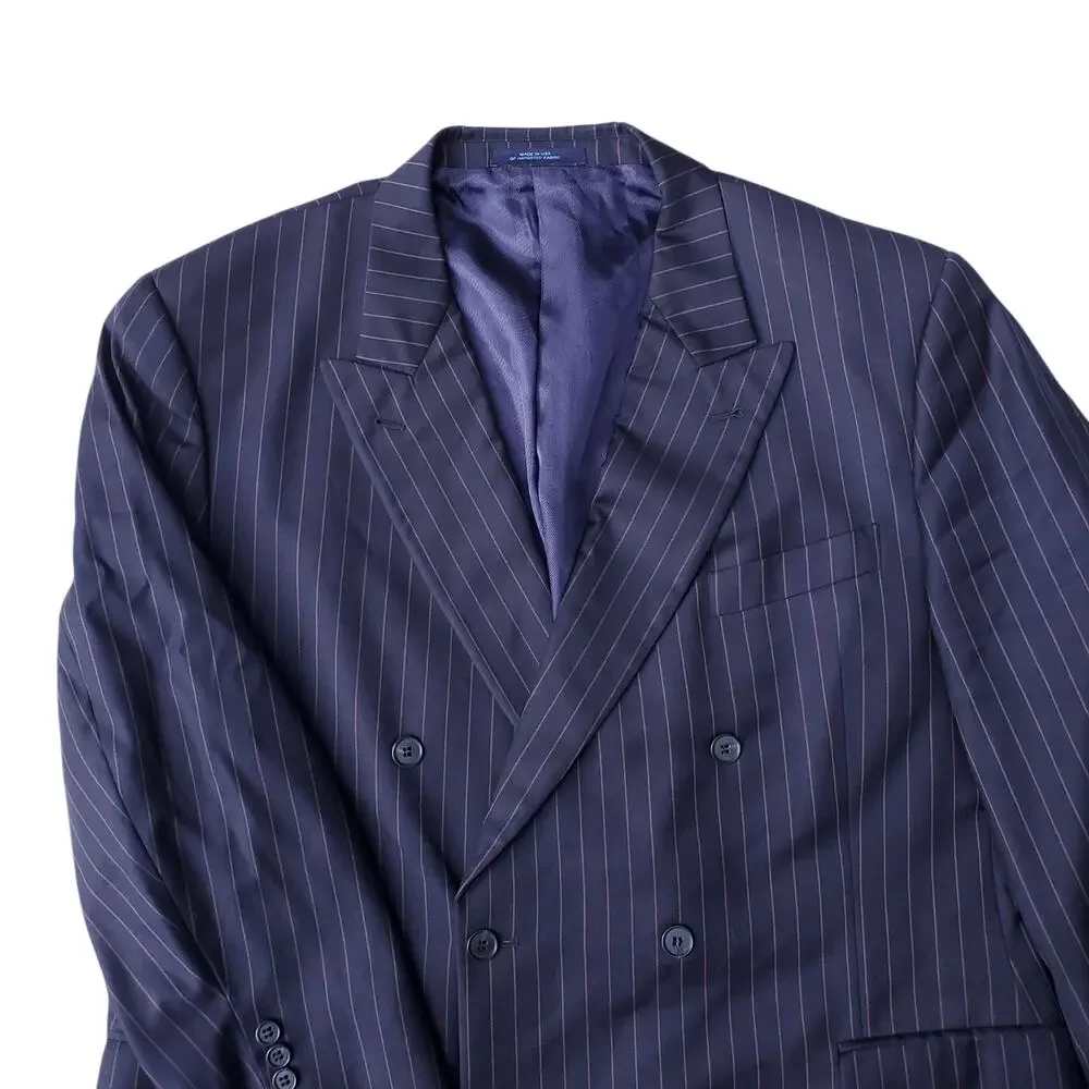 Joseph Abboud 2 Pc Suit Double Breasted Wool Navy Blue Pink Pinstripe 48R 40x28